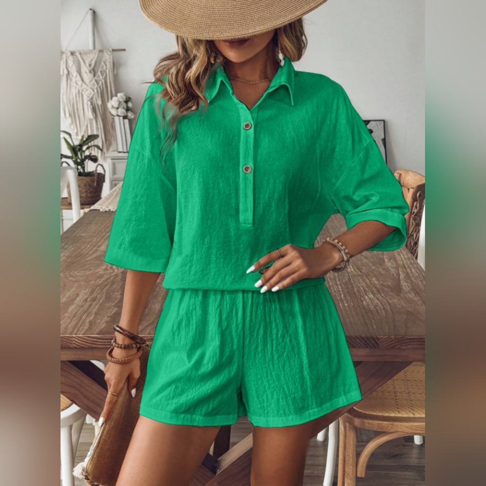 Green Button-Up Shirt and Shorts Set